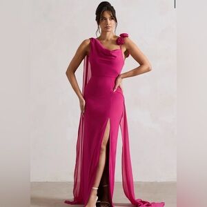 DARK PINK CHIFFON DRAPED SPLIT MAXI DRESS WITH CORSAGES